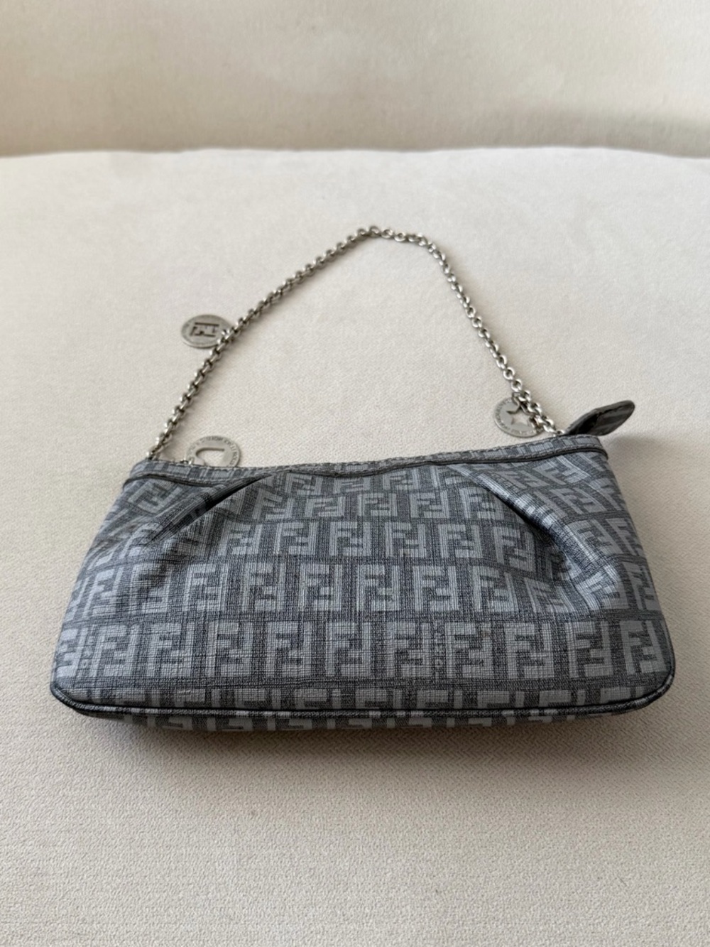 Fendi Gray Zucchino Leather Mini Charm Pochette Shoulder Bag - Picture 3 of 7